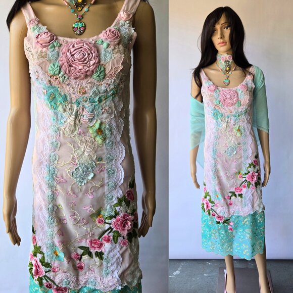 Handmade OOAK Pink Slip Dress - Feminine Vintage Lace & Embroidered Design XS/S - Picture 2 of 12